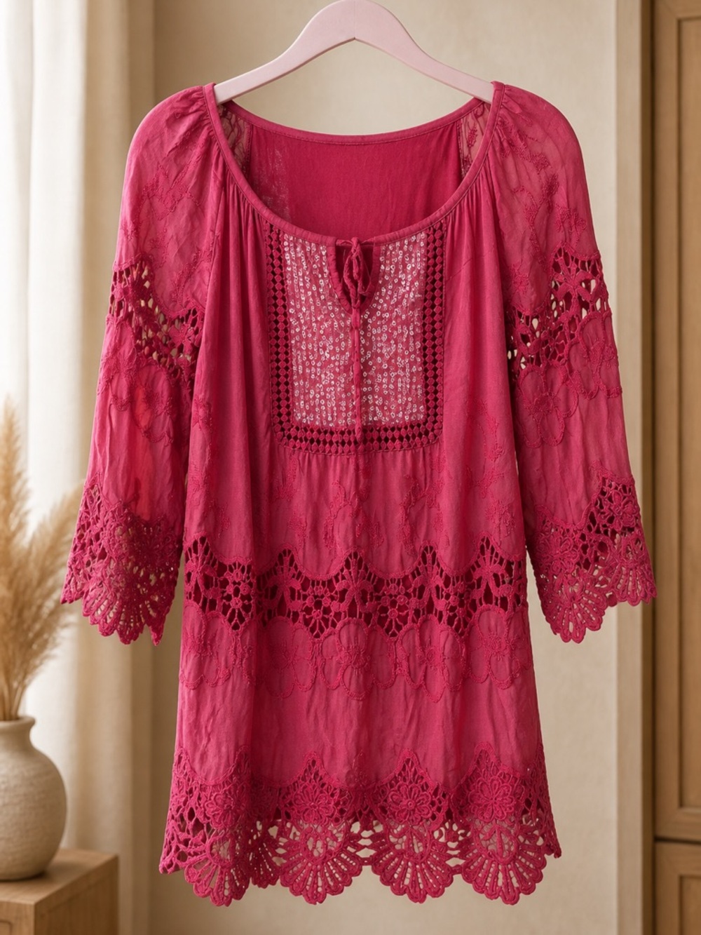 Italian Dusty Rose Lace Sequin Boho Silky Blouse Free People Style Crochet Top